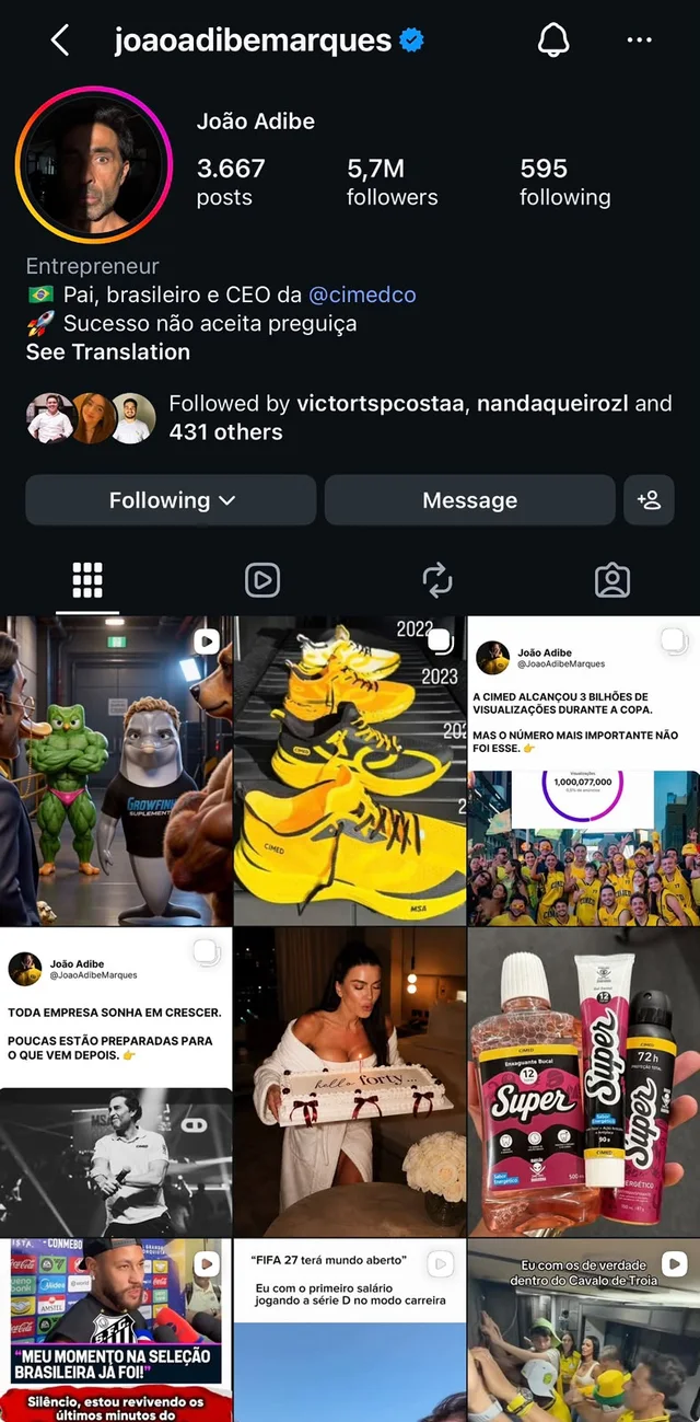 Print do perfil @joaoadibemarques no Instagram, 5,7M de seguidores